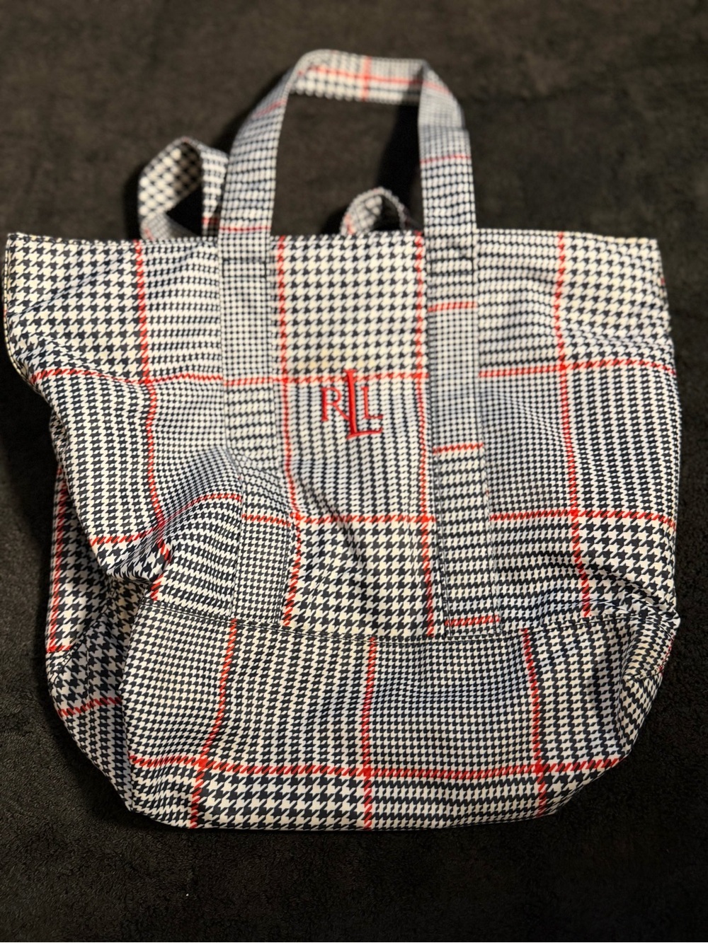 Lauren Ralph Lauren LRL Plaid Tote Shoulder Bag Houndstooth Black Red Large
